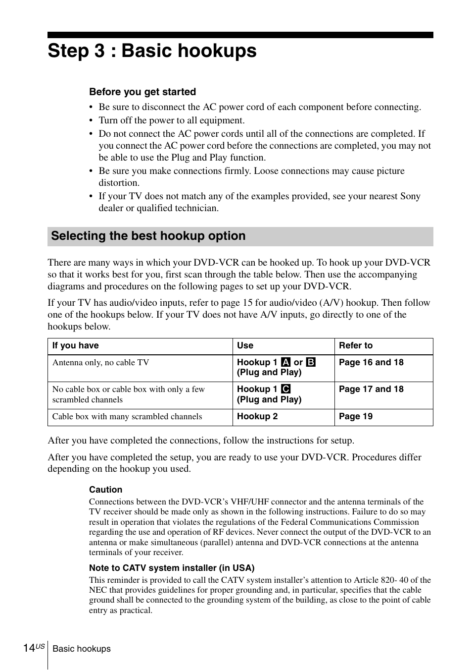 Step 3 : basic hookups, Selecting the best hookup option | Sony SLV-D370P User Manual | Page 14 / 132