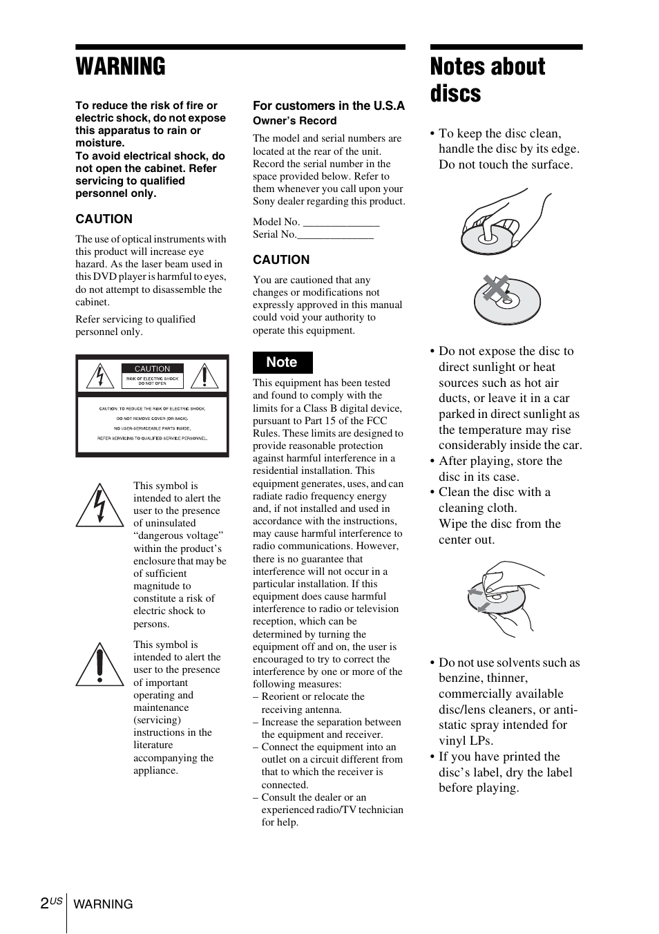 Warning, Notes about discs | Sony SLV-D370P User Manual | Page 2 / 132