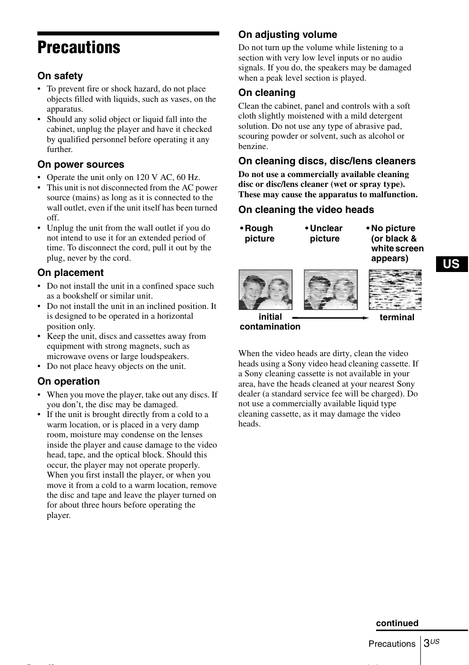 Precautions | Sony SLV-D370P User Manual | Page 3 / 132