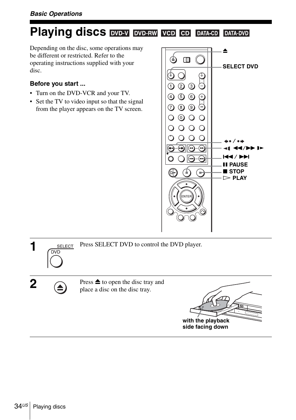 Basic operations, Playing discs | Sony SLV-D370P User Manual | Page 34 / 132