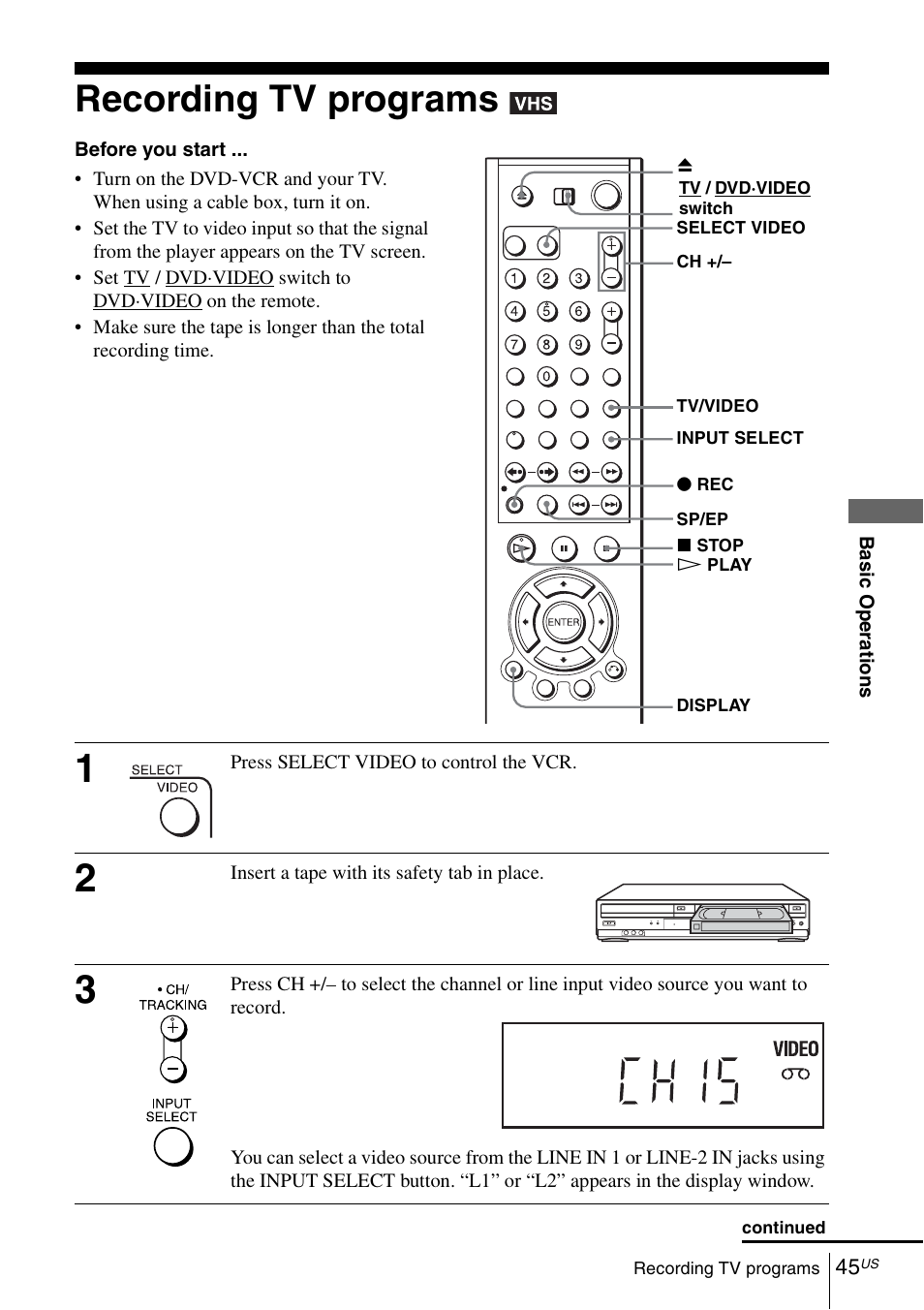 Recording tv programs | Sony SLV-D370P User Manual | Page 45 / 132