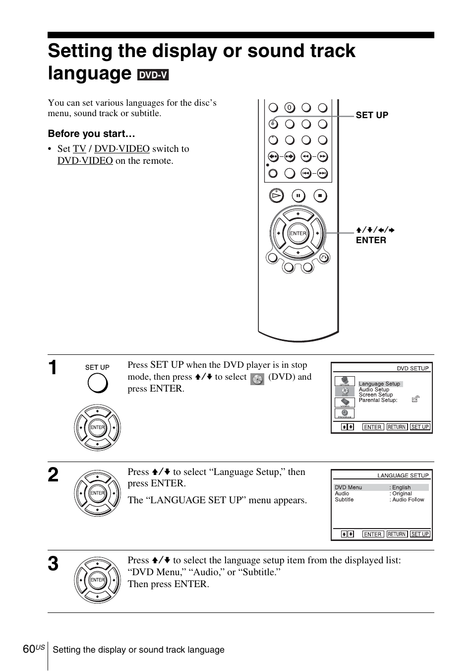 Setting the display or sound track language, 60 se | Sony SLV-D370P User Manual | Page 60 / 132