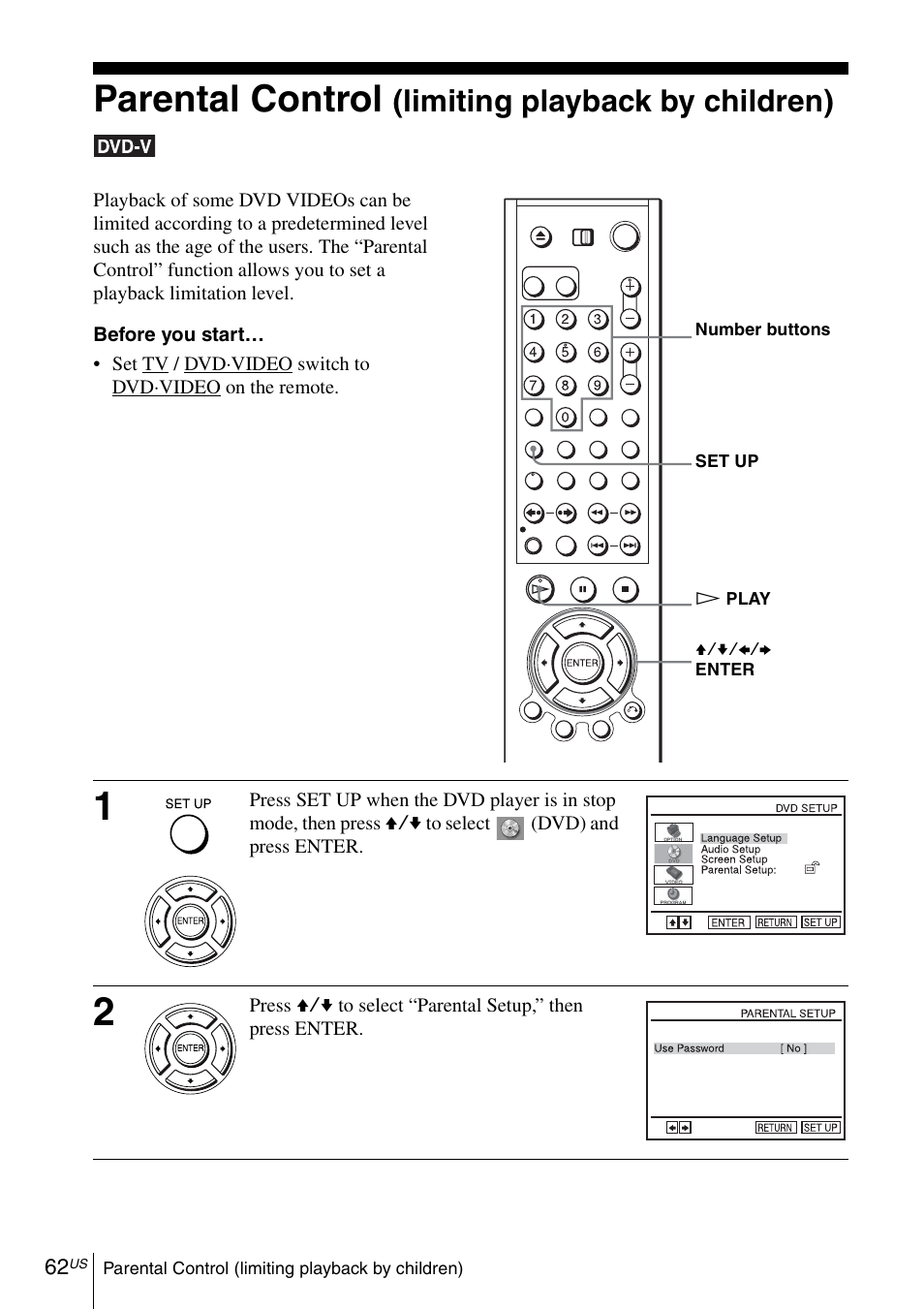 Parental control (limiting playback by children), Parental control, Limiting playback by children) | Sony SLV-D370P User Manual | Page 62 / 132