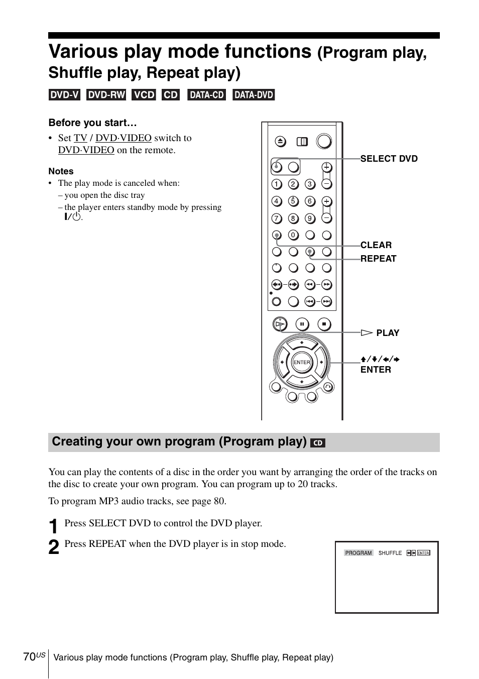 70 v, Various play mode functions, Program play, shuffle play, repeat play) | Sony SLV-D370P User Manual | Page 70 / 132