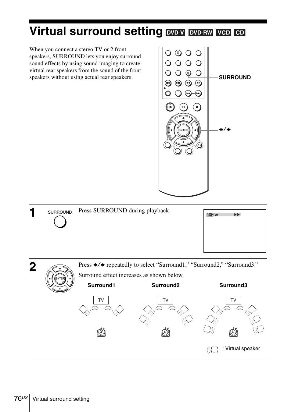 Virtual surround setting, 76 v | Sony SLV-D370P User Manual | Page 76 / 132