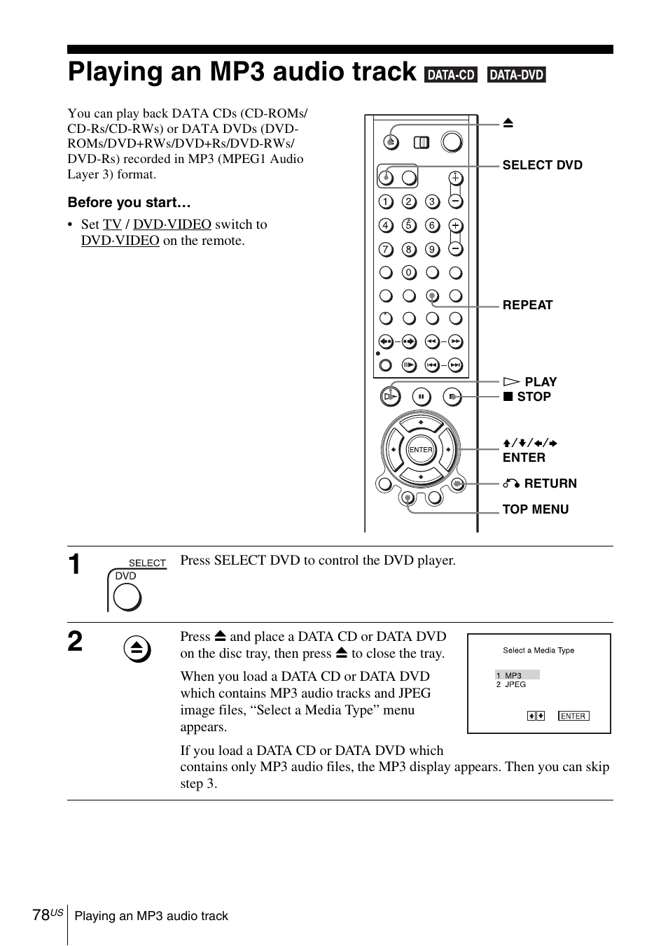 Playing an mp3 audio track, 78 pla | Sony SLV-D370P User Manual | Page 78 / 132