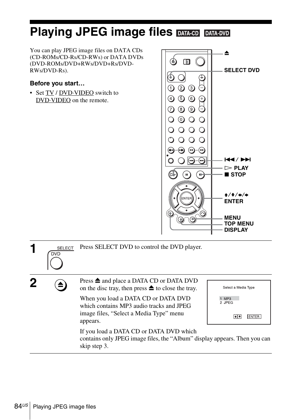 Playing jpeg image files, 84 pla | Sony SLV-D370P User Manual | Page 84 / 132