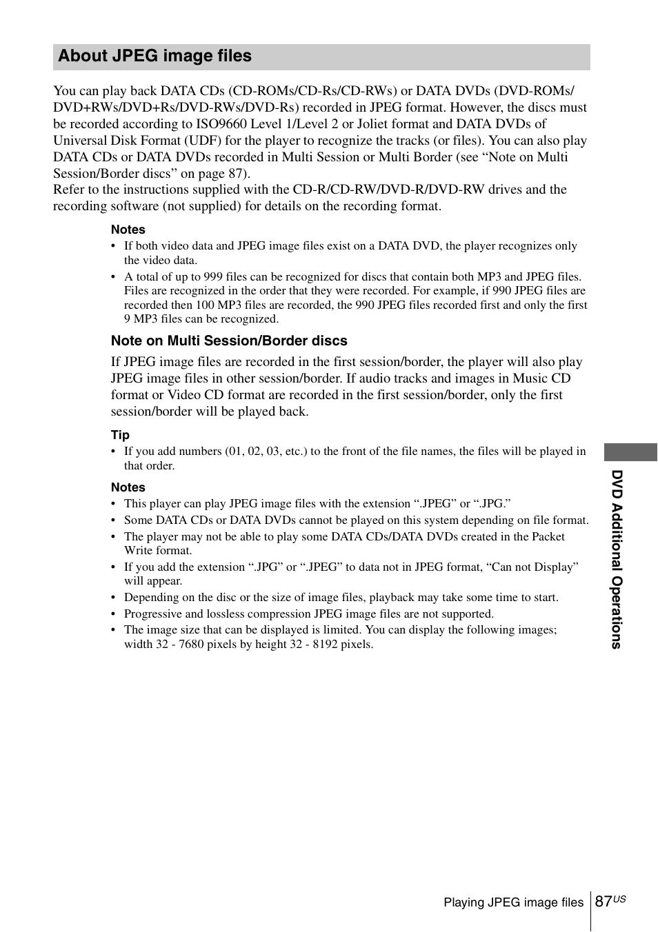 About jpeg image files | Sony SLV-D370P User Manual | Page 87 / 132