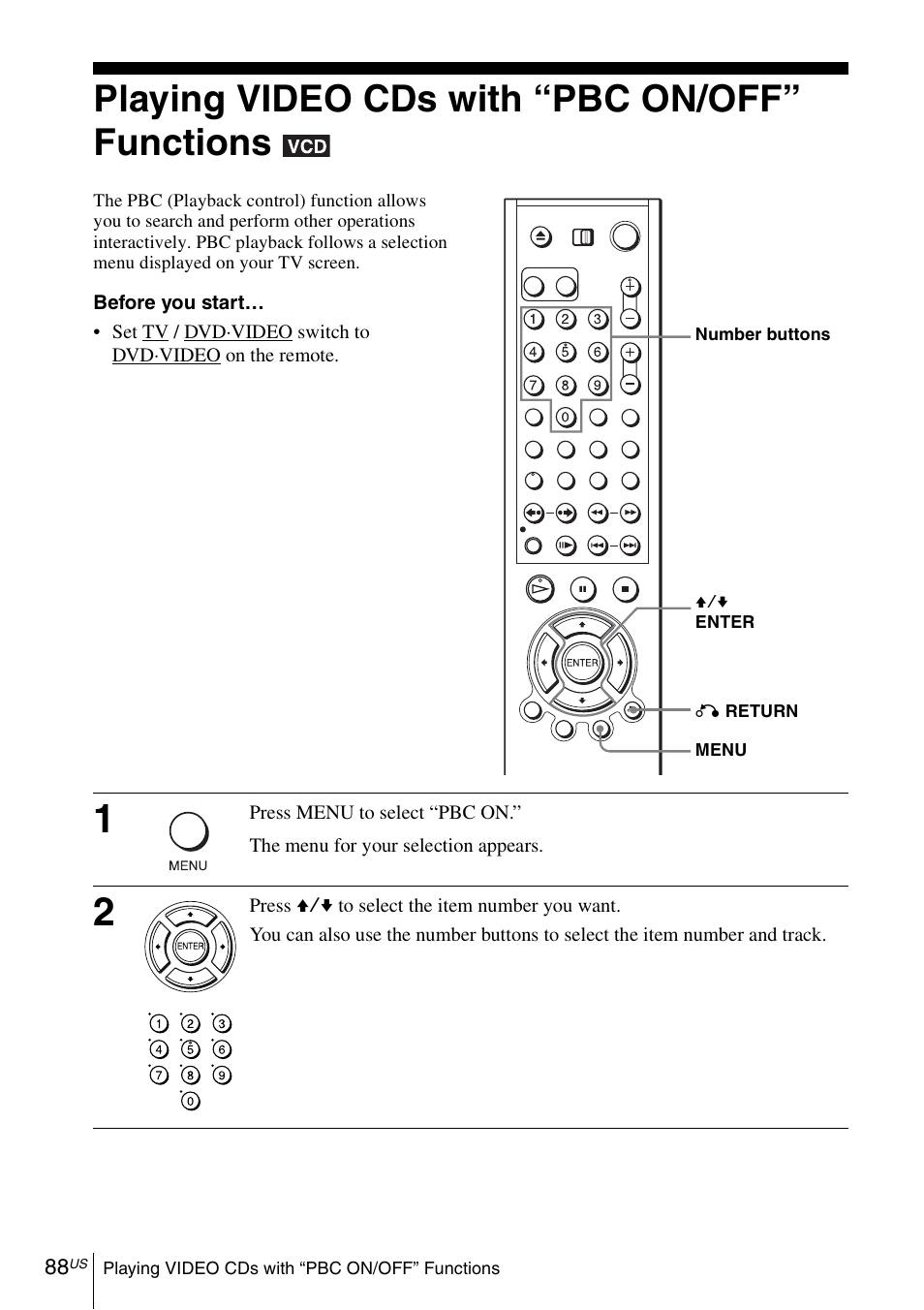 Playing video cds with “pbc on/off” functions, 88 pla | Sony SLV-D370P User Manual | Page 88 / 132