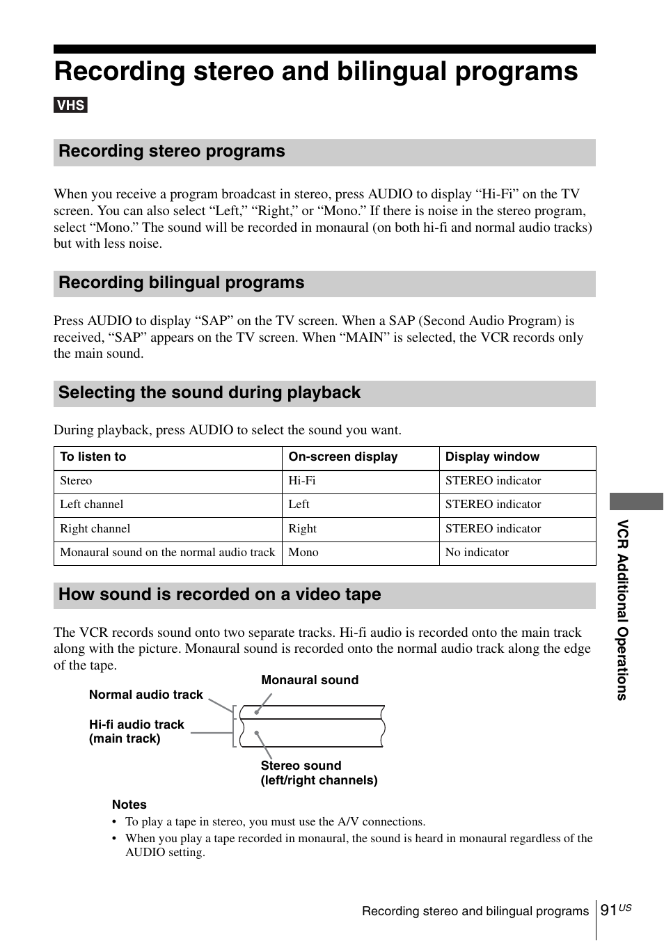 Recording stereo and bilingual programs, 91 reco, How sound is recorded on a video tape | Sony SLV-D370P User Manual | Page 91 / 132