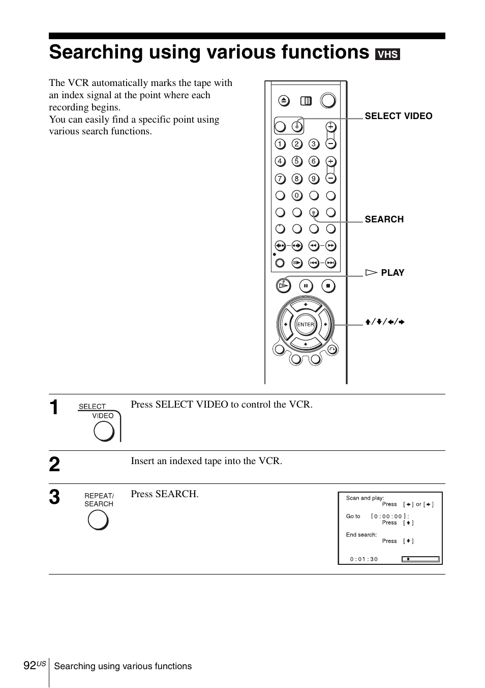 Searching using various functions, 92 s | Sony SLV-D370P User Manual | Page 92 / 132