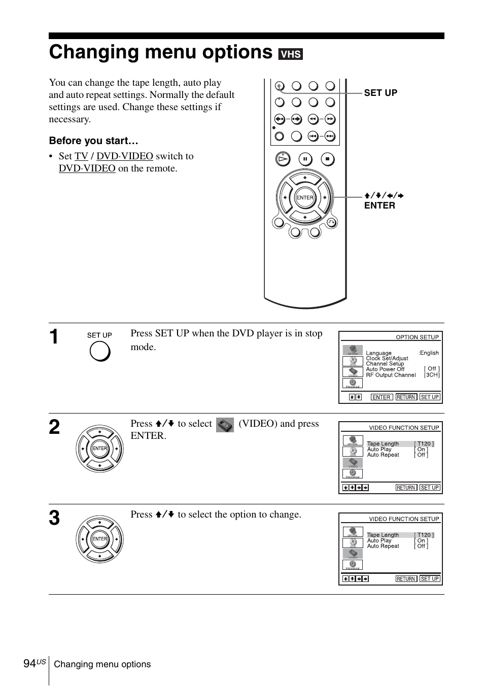 Changing menu options, 94 cha | Sony SLV-D370P User Manual | Page 94 / 132