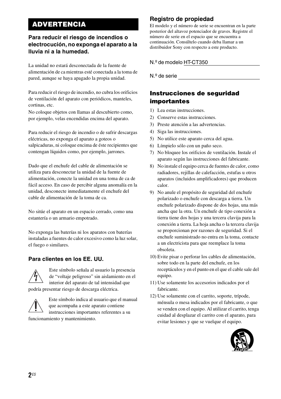 Laes, Advertencia, Registro de propiedad | Instrucciones de seguridad importantes | Sony HT-CT350 User Manual | Page 118 / 180