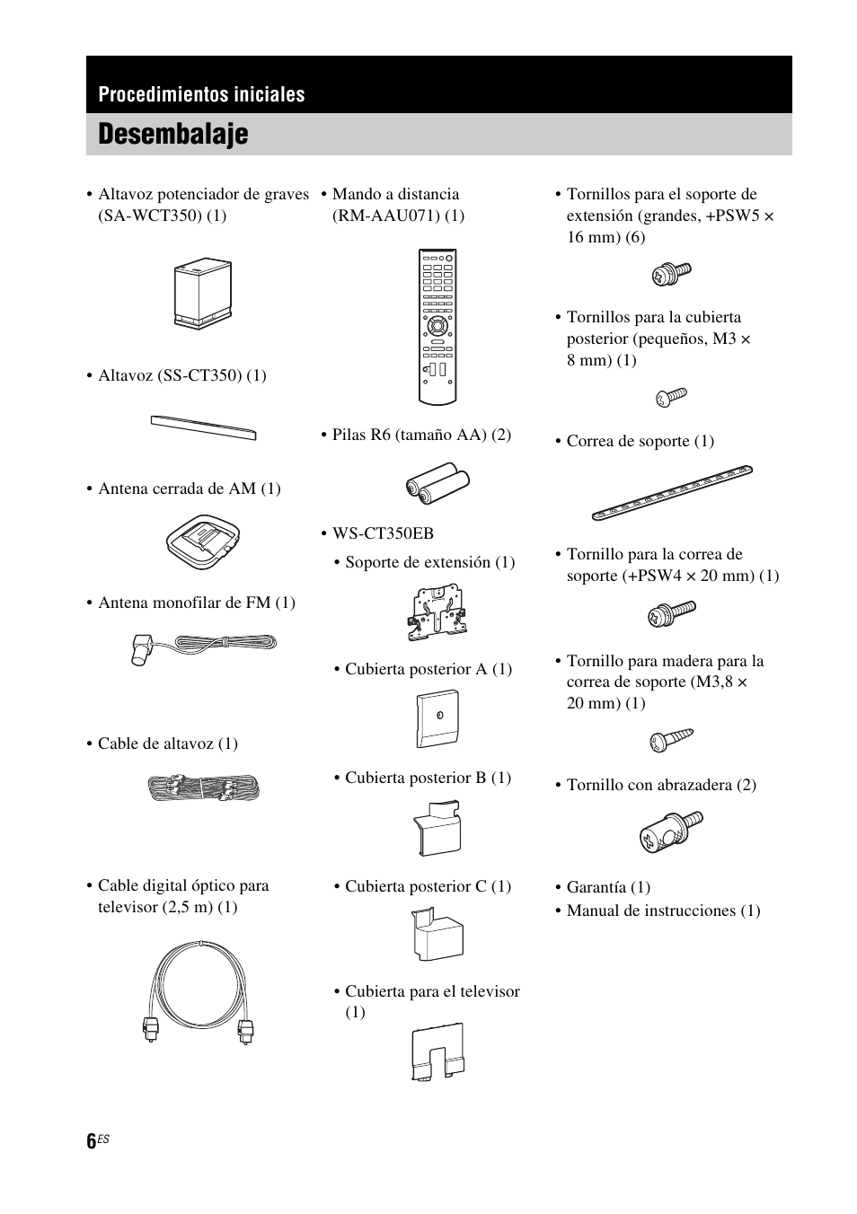 Procedimientos iniciales, Desembalaje | Sony HT-CT350 User Manual | Page 122 / 180