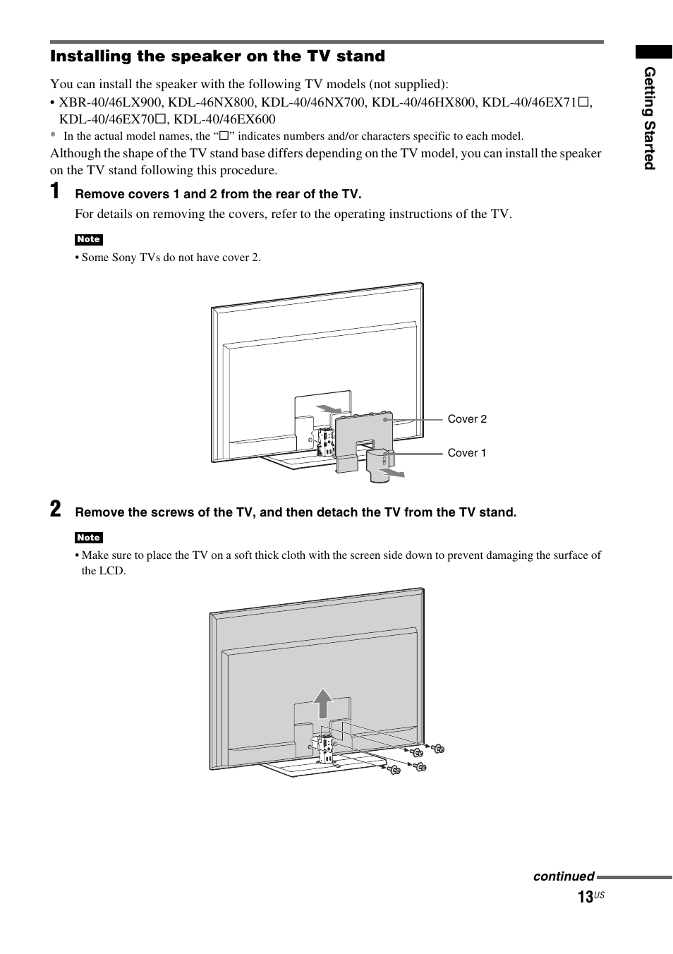 Installing the speaker on the tv stand | Sony HT-CT350 User Manual | Page 13 / 180