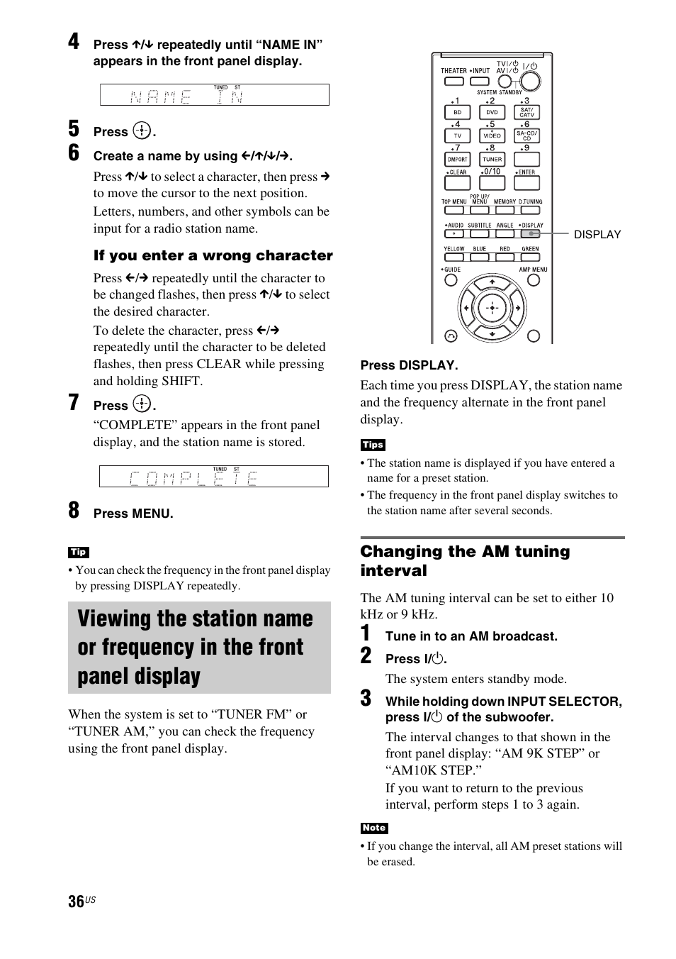 Viewing the station name or frequency in, The front panel display | Sony HT-CT350 User Manual | Page 36 / 180
