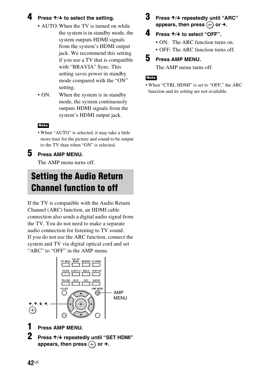 Setting the audio return channel function to off, Setting the audio return channel function, To off | Sony HT-CT350 User Manual | Page 42 / 180