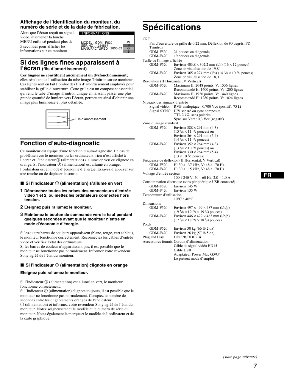 Fonction d’auto-diagnostic, Spécifications, Si des lignes fines apparaissent à l’écran | Sony GDM-F520 User Manual | Page 13 / 52