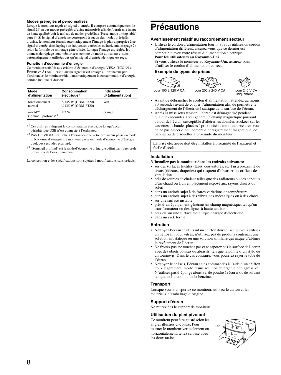 Précautions | Sony GDM-F520 User Manual | Page 14 / 52