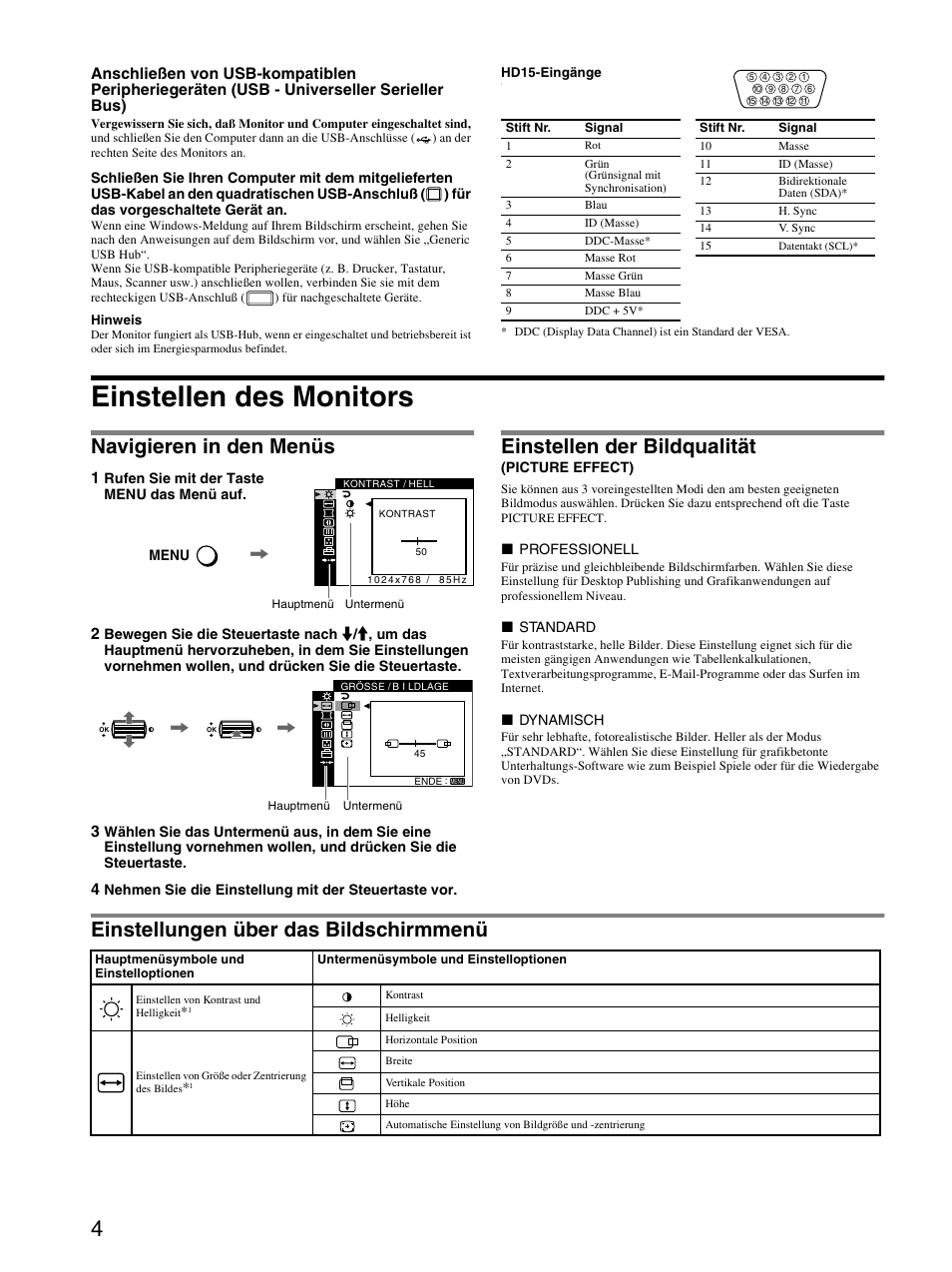 Einstellen des monitors, Navigieren in den menüs, Einstellen der bildqualität (picture effect) | Einstellungen über das bildschirmmenü, Einstellen der bildqualität | Sony GDM-F520 User Manual | Page 16 / 52