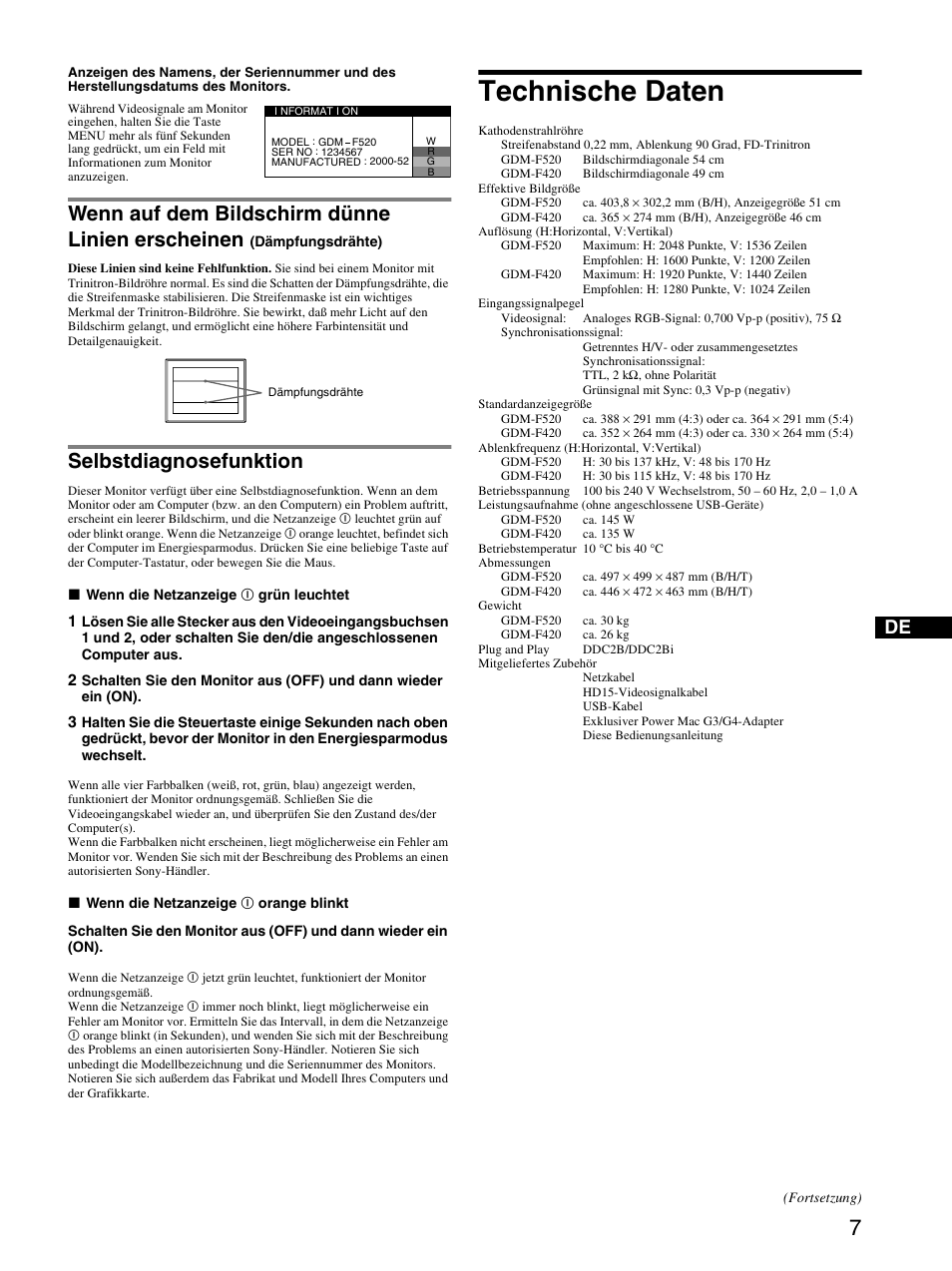 Selbstdiagnosefunktion, Technische daten, Wenn auf dem bildschirm dünne linien erscheinen | Sony GDM-F520 User Manual | Page 19 / 52