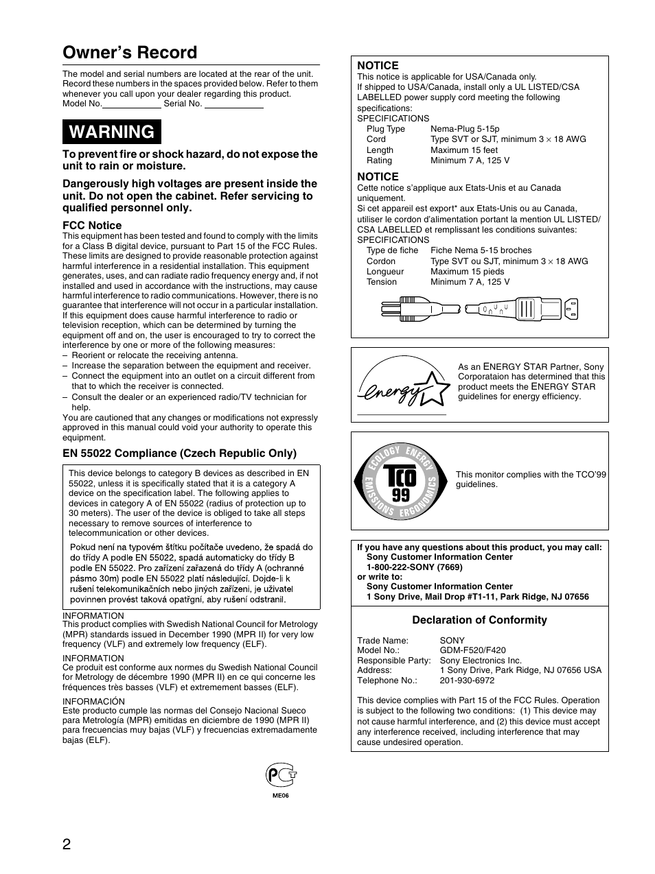 Owner’s record, Warning | Sony GDM-F520 User Manual | Page 2 / 52