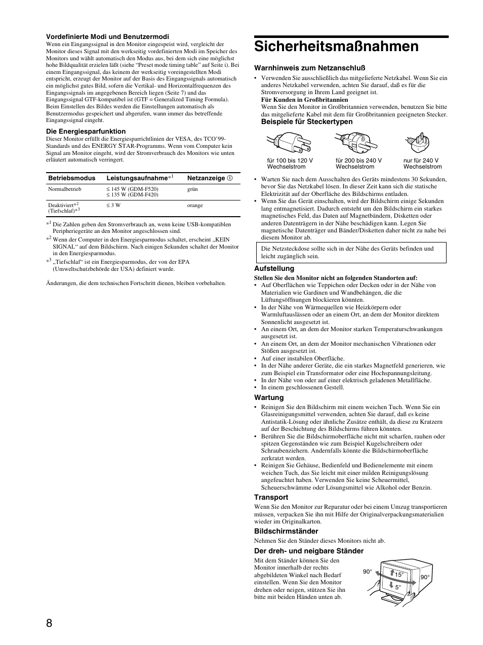 Sicherheitsmaßnahmen | Sony GDM-F520 User Manual | Page 20 / 52