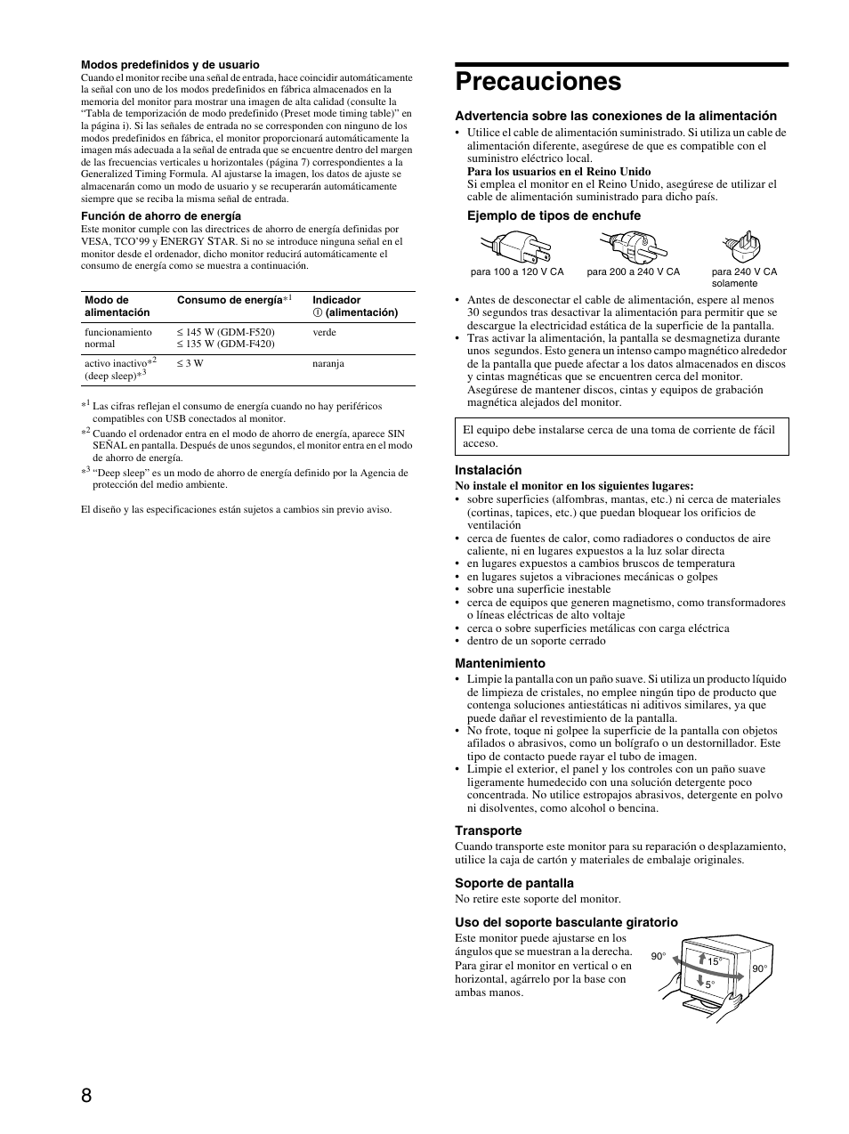 Precauciones | Sony GDM-F520 User Manual | Page 26 / 52