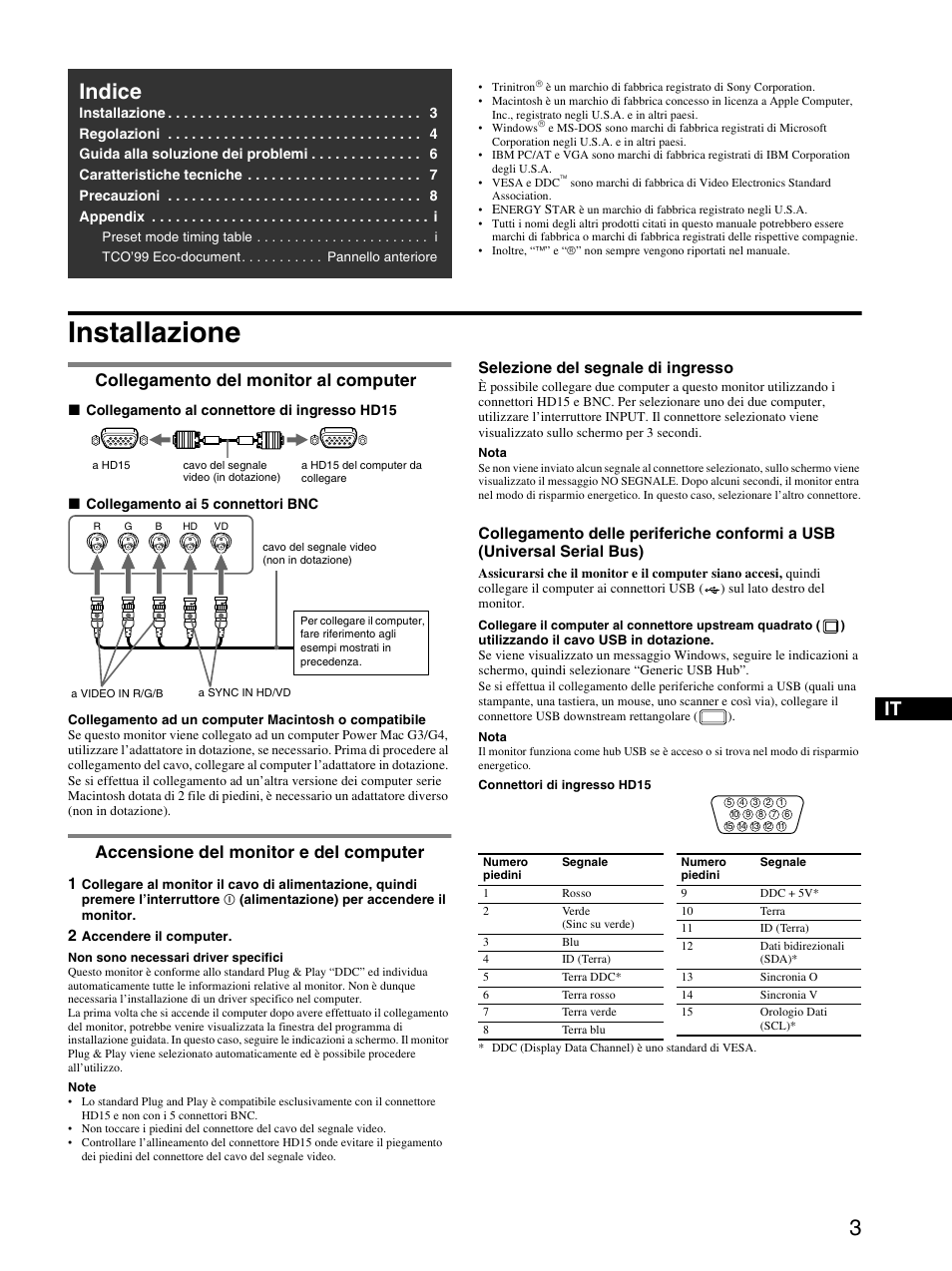 Installazione, 1 collegamento del monitor al computer, 2 accensione del monitor e del computer | Indice, Collegamento del monitor al computer, Accensione del monitor e del computer | Sony GDM-F520 User Manual | Page 27 / 52