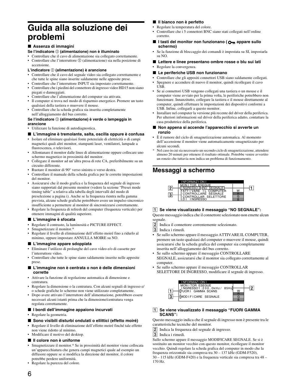 Guida alla soluzione dei problemi, Messaggi a schermo | Sony GDM-F520 User Manual | Page 30 / 52