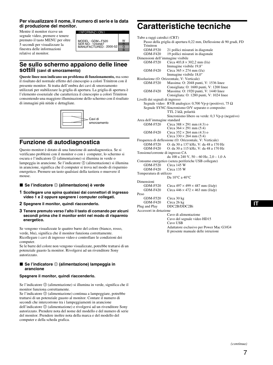 Funzione di autodiagnostica, Caratteristiche tecniche, Se sullo schermo appaiono delle linee sottili | Sony GDM-F520 User Manual | Page 31 / 52