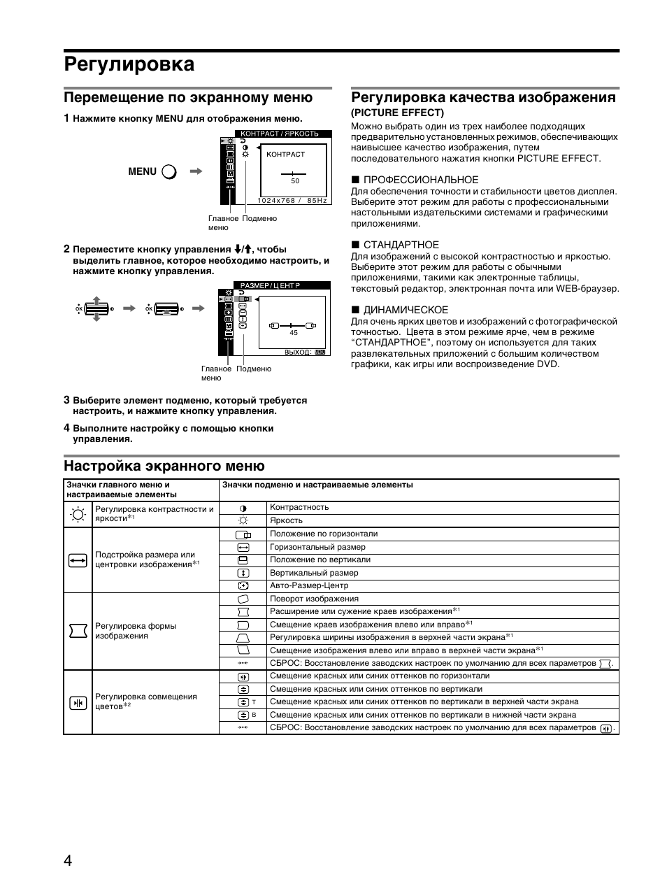 Гегули²овка, Пе²емещение по жк²анному мен, Гегули²овка качества изоб²ажениш (picture effect) | Наст²ойка жк²анного мен, Регулировка, Перемещение по экранному меню, Регулировка качества изображения, Настройка экранного меню | Sony GDM-F520 User Manual | Page 34 / 52