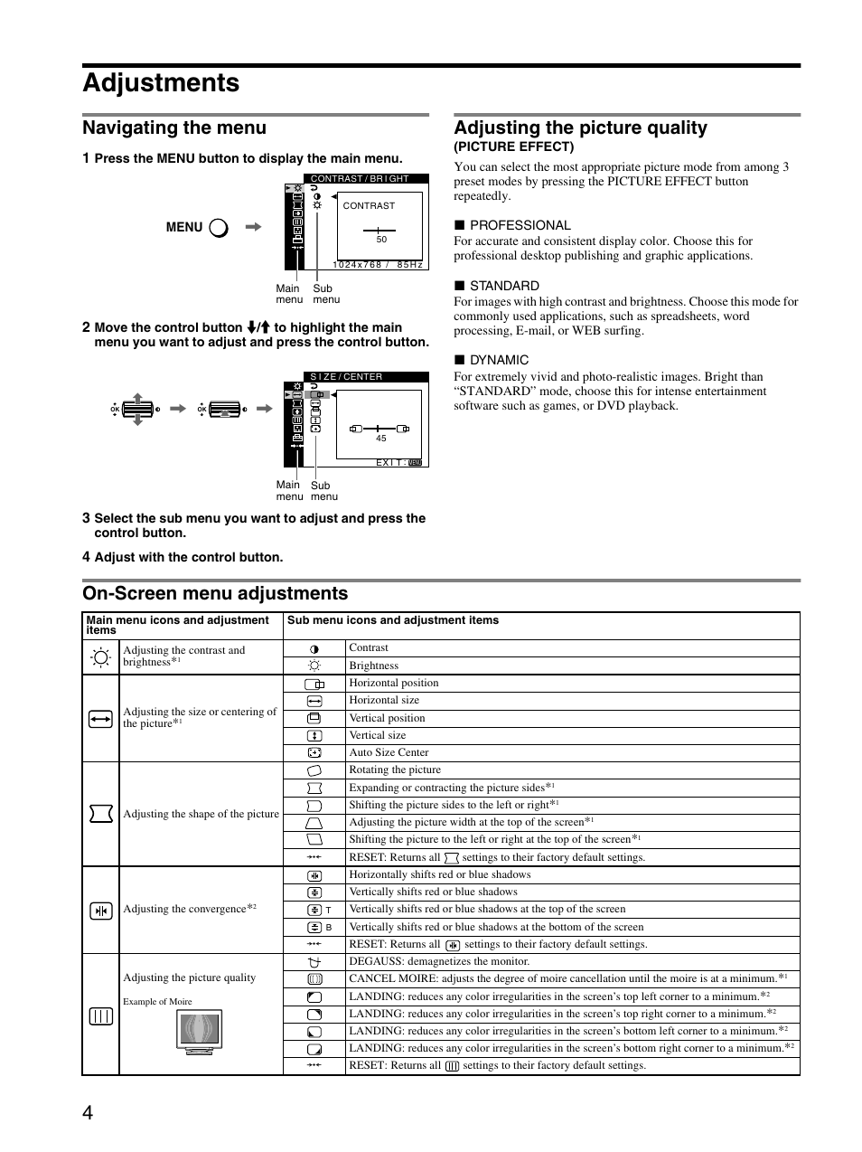 Adjustments, Navigating the menu, Adjusting the picture quality (picture effect) | On-screen menu adjustments, Adjusting the picture quality | Sony GDM-F520 User Manual | Page 4 / 52