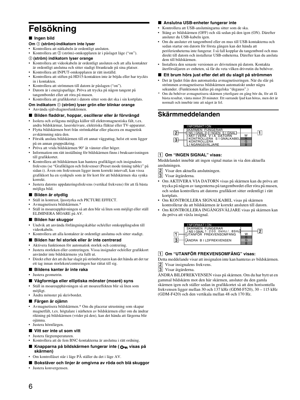 Felsökning, Skärmmeddelanden | Sony GDM-F520 User Manual | Page 42 / 52