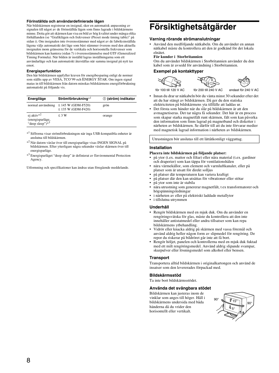 Försiktighetsåtgärder | Sony GDM-F520 User Manual | Page 44 / 52