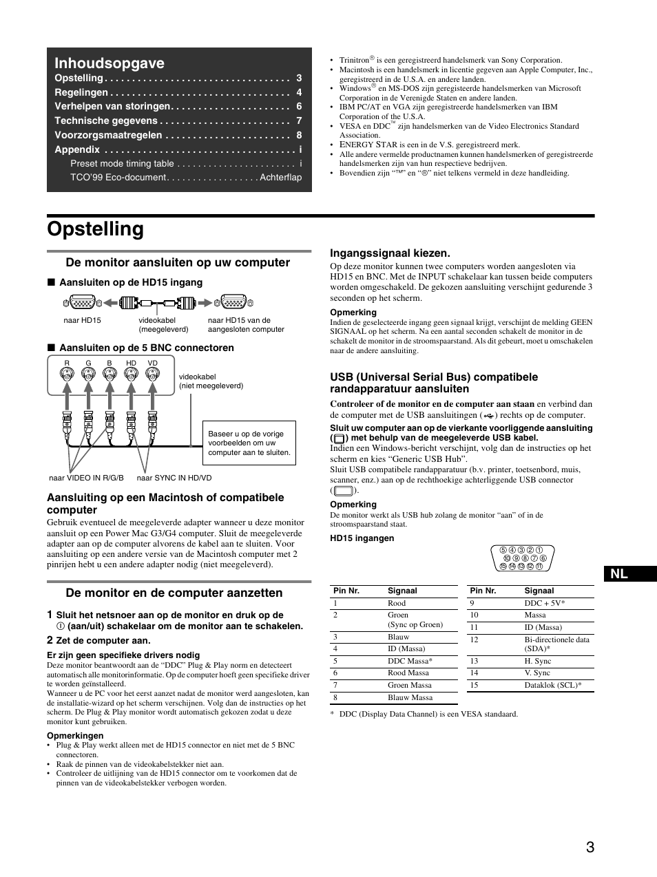 Opstelling, 1 de monitor aansluiten op uw computer, 2 de monitor en de computer aanzetten | Inhoudsopgave, De monitor aansluiten op uw computer, De monitor en de computer aanzetten | Sony GDM-F520 User Manual | Page 45 / 52