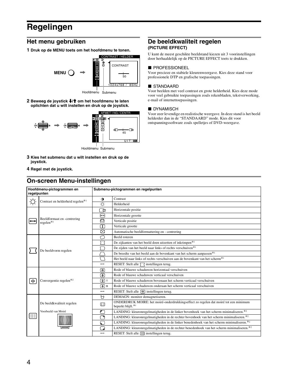 Regelingen, Het menu gebruiken, De beeldkwaliteit regelen (picture effect) | On-screen menu-instellingen, De beeldkwaliteit regelen | Sony GDM-F520 User Manual | Page 46 / 52