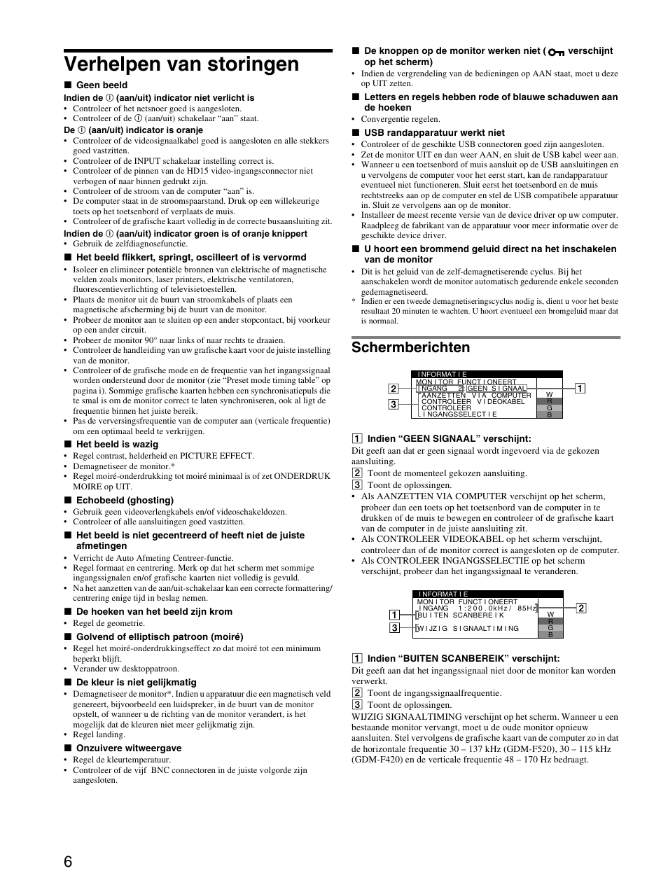 Verhelpen van storingen, Schermberichten | Sony GDM-F520 User Manual | Page 48 / 52