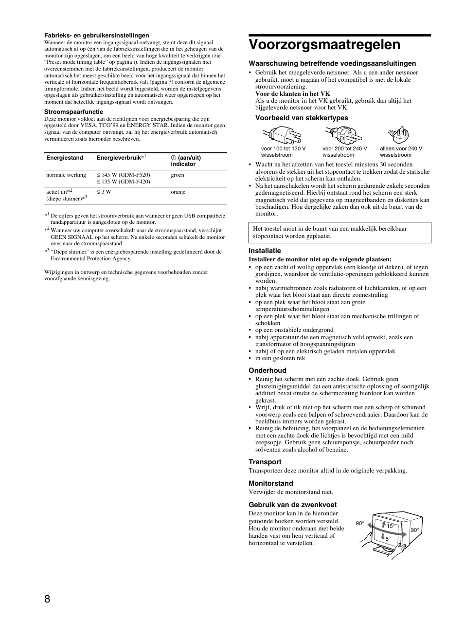 Voorzorgsmaatregelen | Sony GDM-F520 User Manual | Page 50 / 52