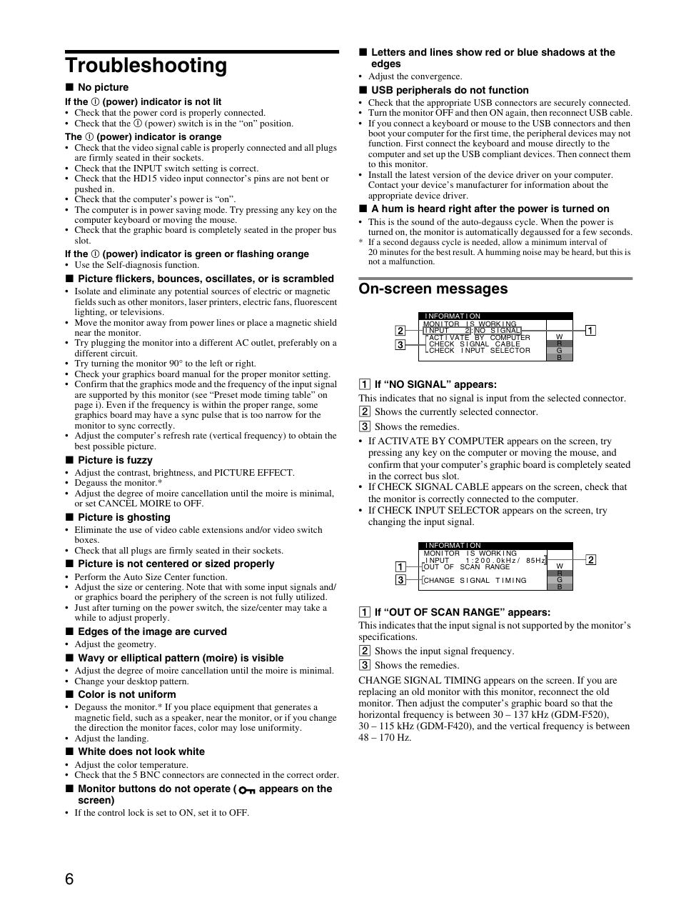 Troubleshooting, On-screen messages | Sony GDM-F520 User Manual | Page 6 / 52