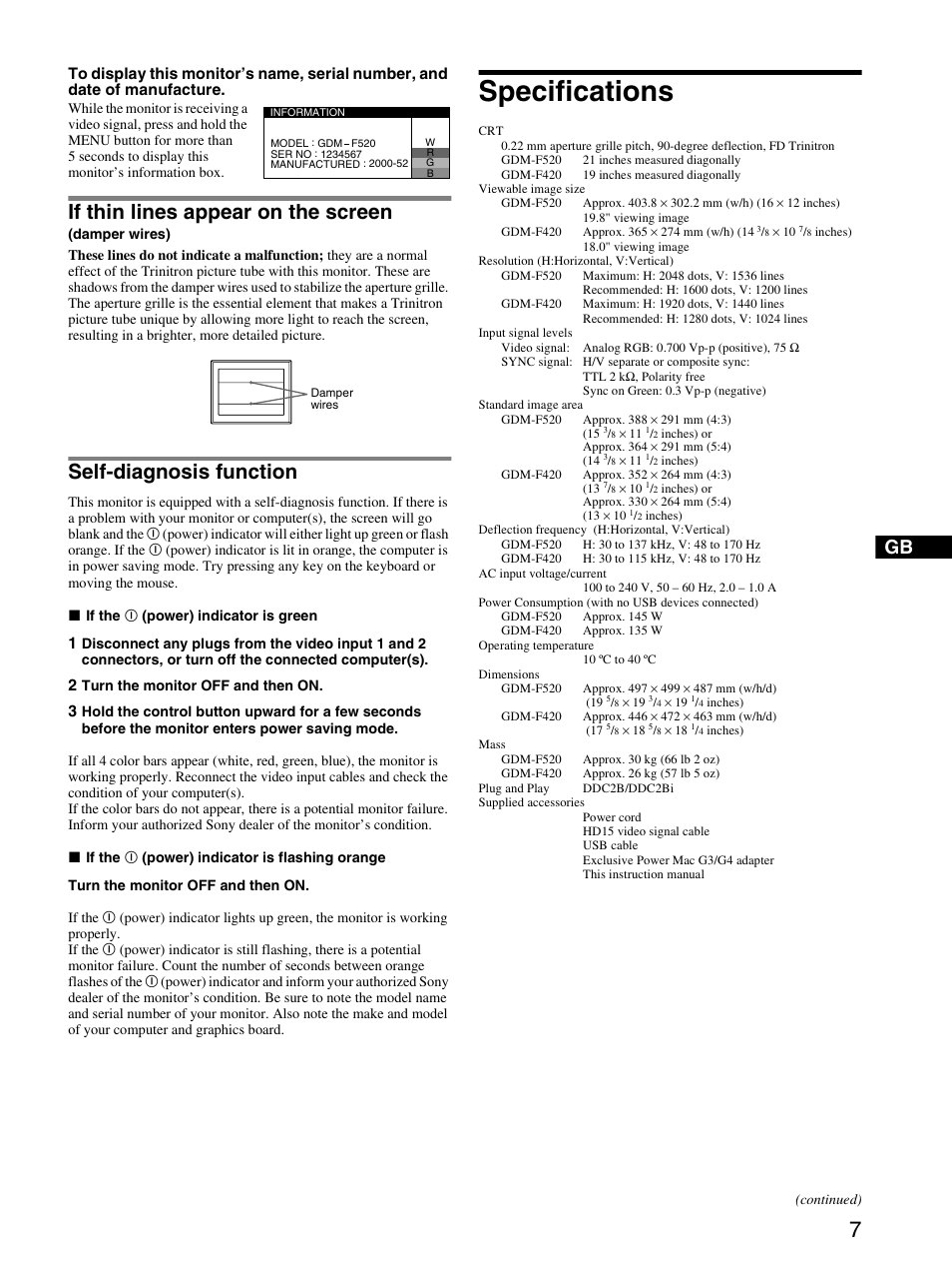 If thin lines appear on the screen (damperwires), Self-diagnosis function, Specifications | If thin lines appear on the screen | Sony GDM-F520 User Manual | Page 7 / 52