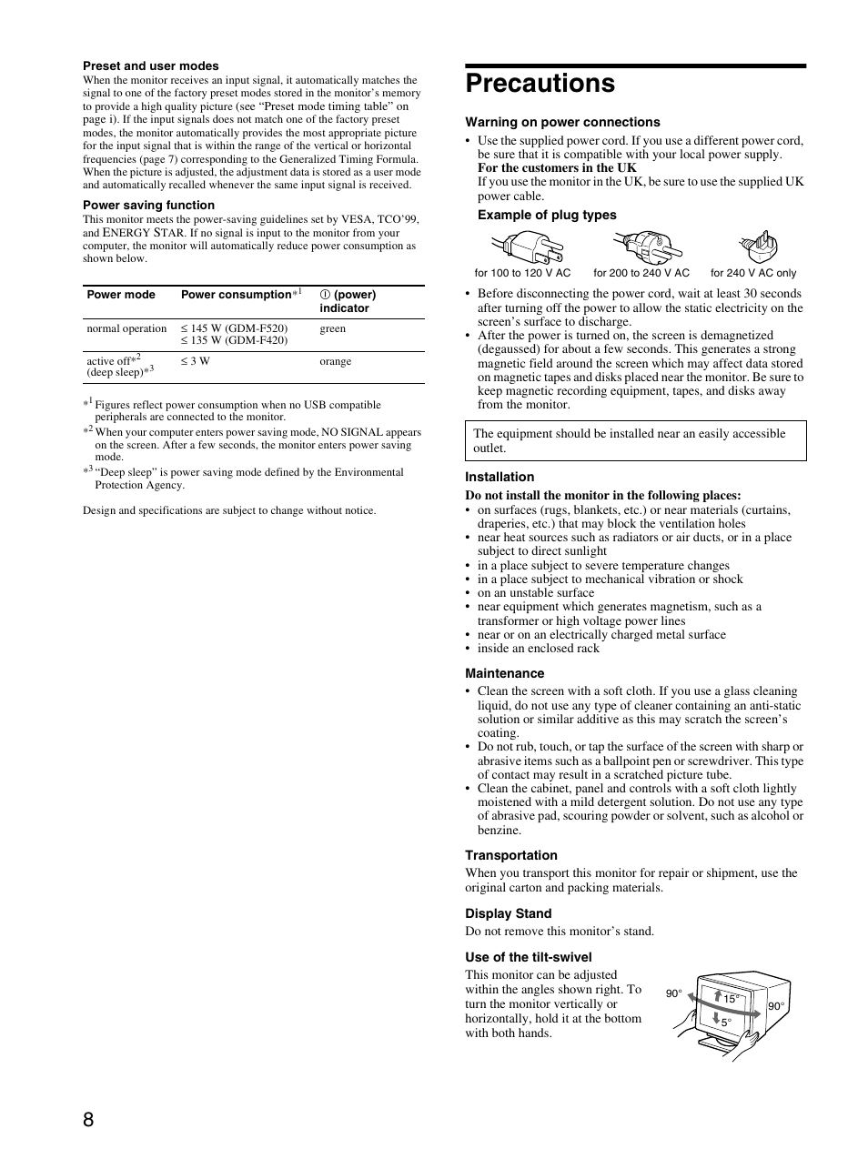 Precautions | Sony GDM-F520 User Manual | Page 8 / 52