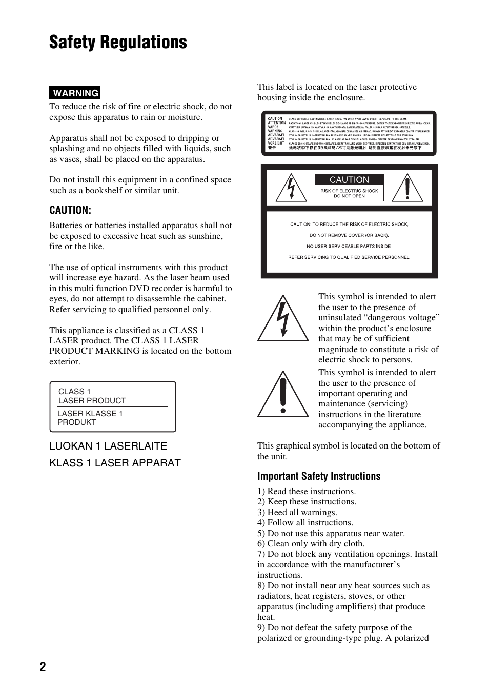 Safety regulations | Sony VRD-MC10 User Manual | Page 2 / 84