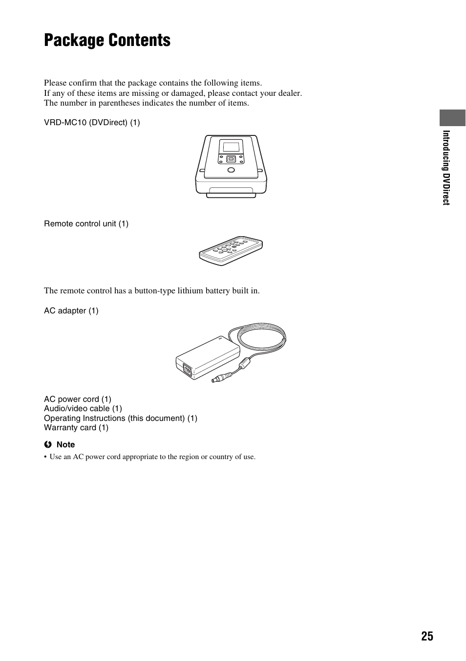 Package contents | Sony VRD-MC10 User Manual | Page 25 / 84