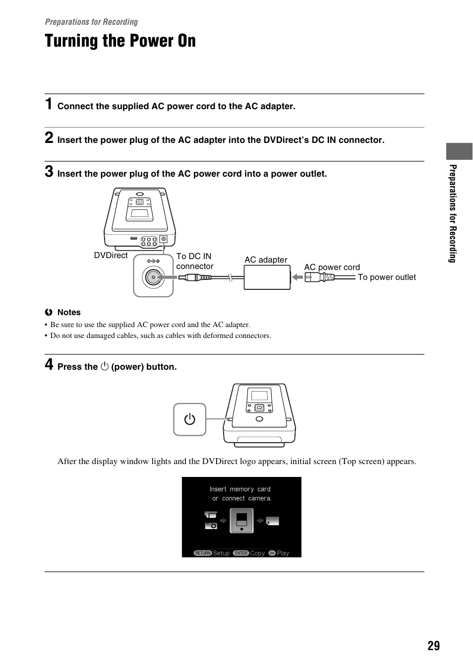 Preparations for recording, Turning the power on, E 29) | Sony VRD-MC10 User Manual | Page 29 / 84