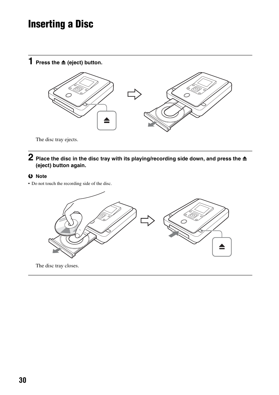 Inserting a disc, E 30) | Sony VRD-MC10 User Manual | Page 30 / 84
