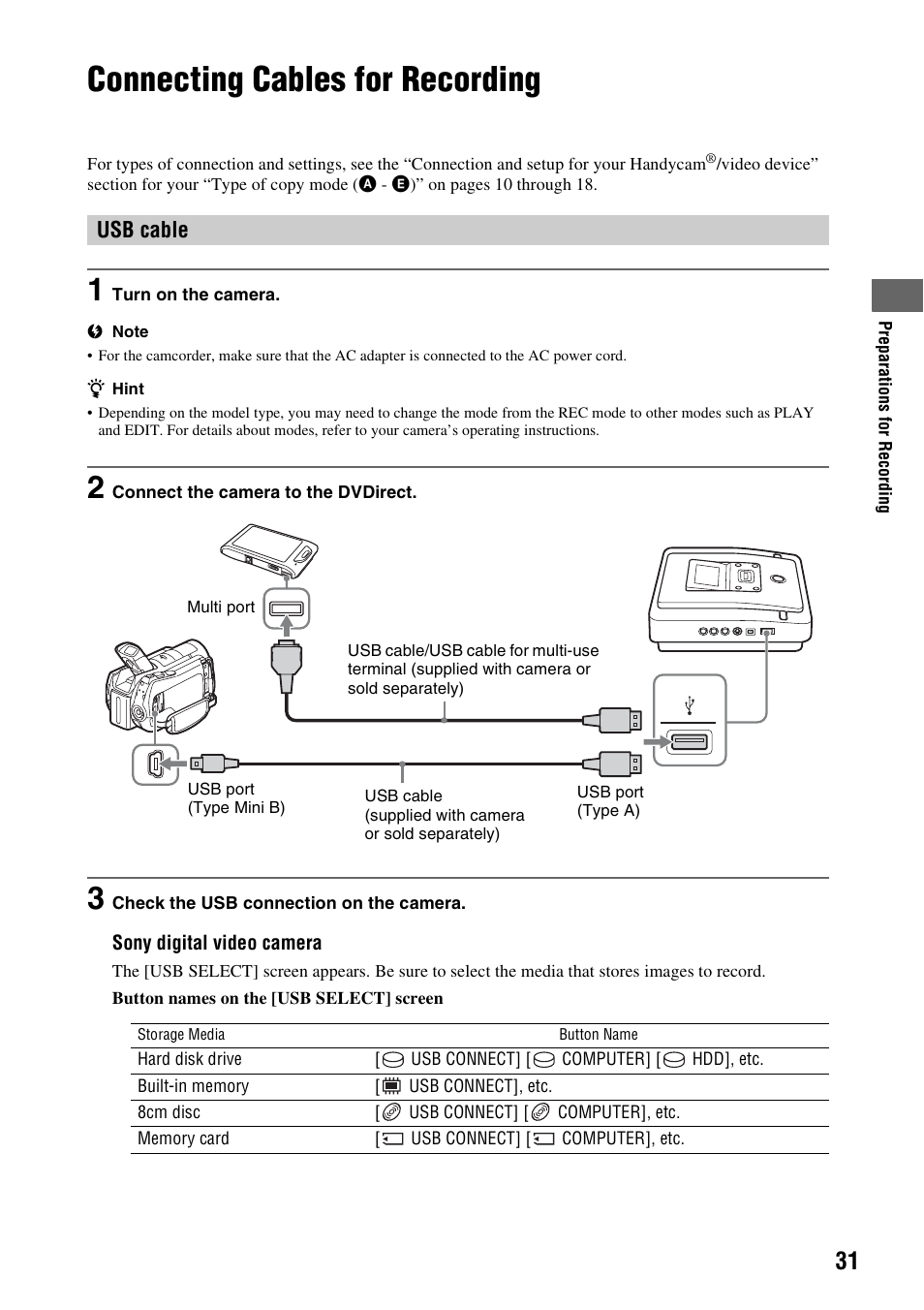 Connecting cables for recording, Usb cable | Sony VRD-MC10 User Manual | Page 31 / 84