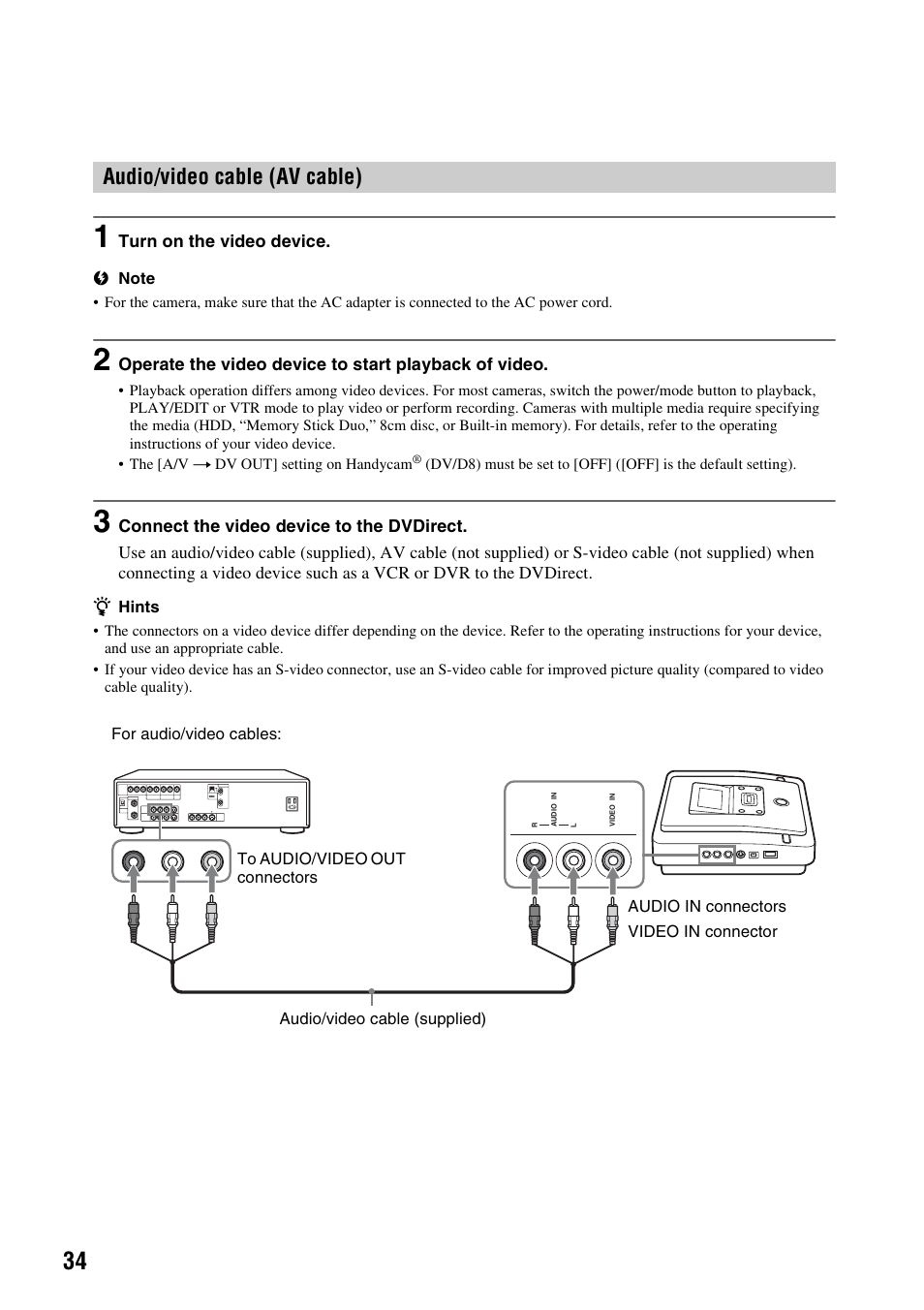 Audio/video cable (av cable), E 34 | Sony VRD-MC10 User Manual | Page 34 / 84