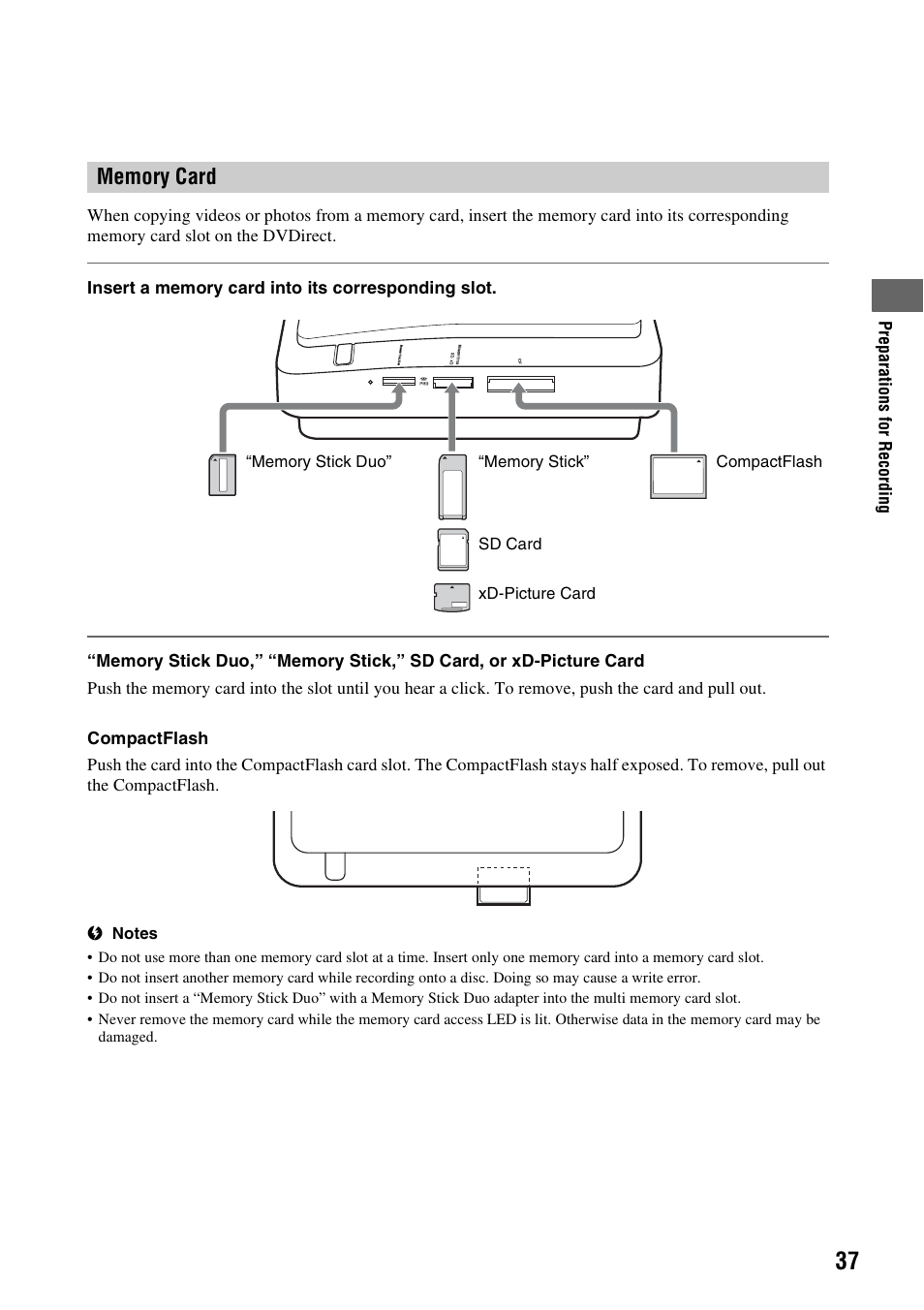 Memory card, E 37 | Sony VRD-MC10 User Manual | Page 37 / 84