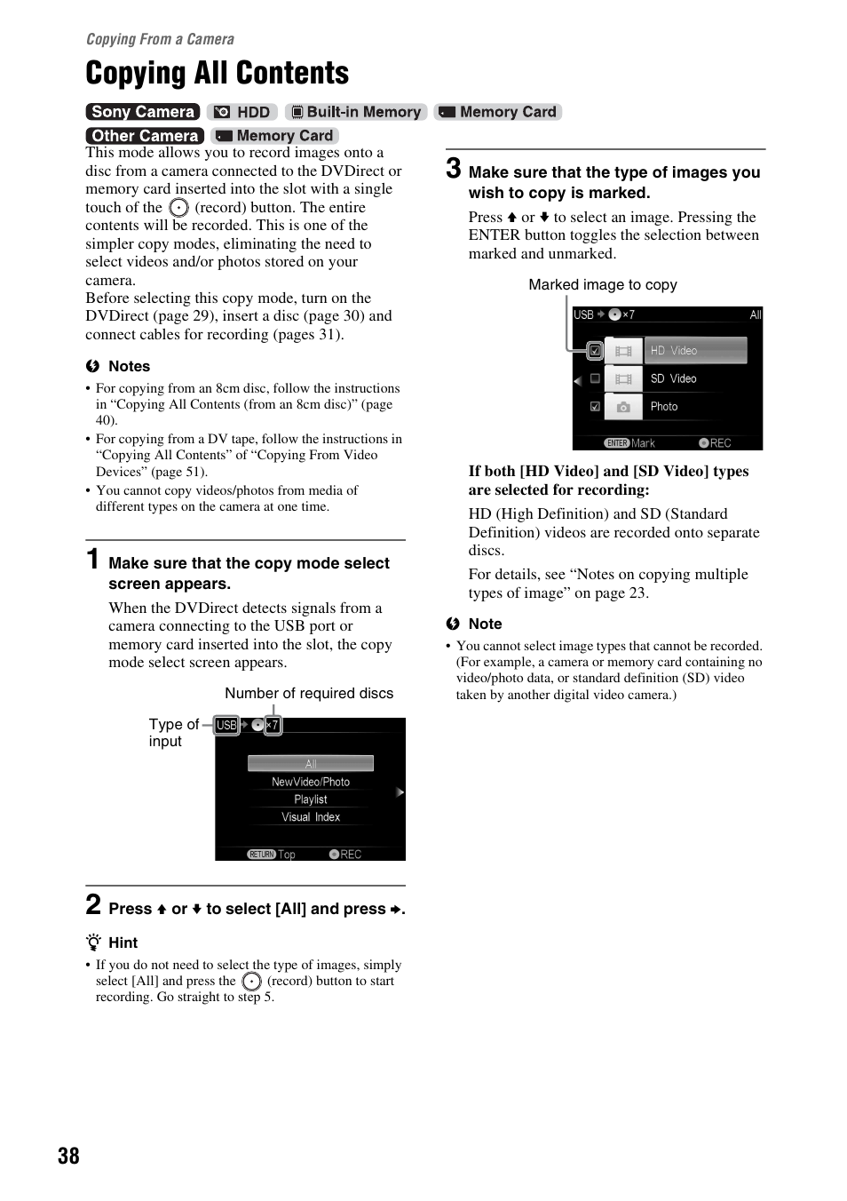 Copying from a camera, Copying all contents, Es 38 | Sony VRD-MC10 User Manual | Page 38 / 84